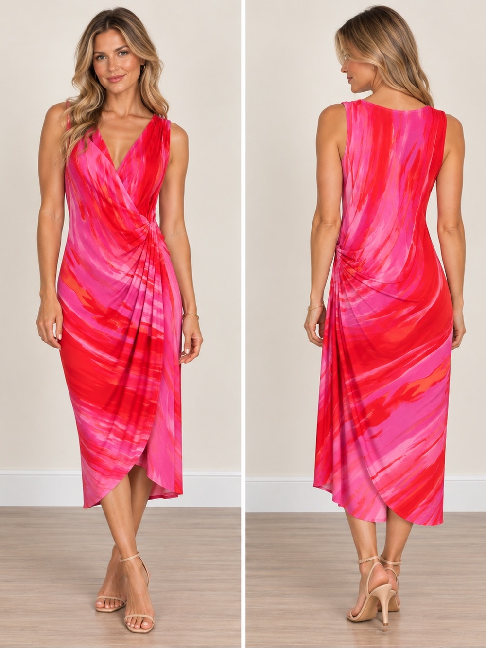 Josie Natori Pink Red Abstract Print Faux Wrap Draped Dress size Medium